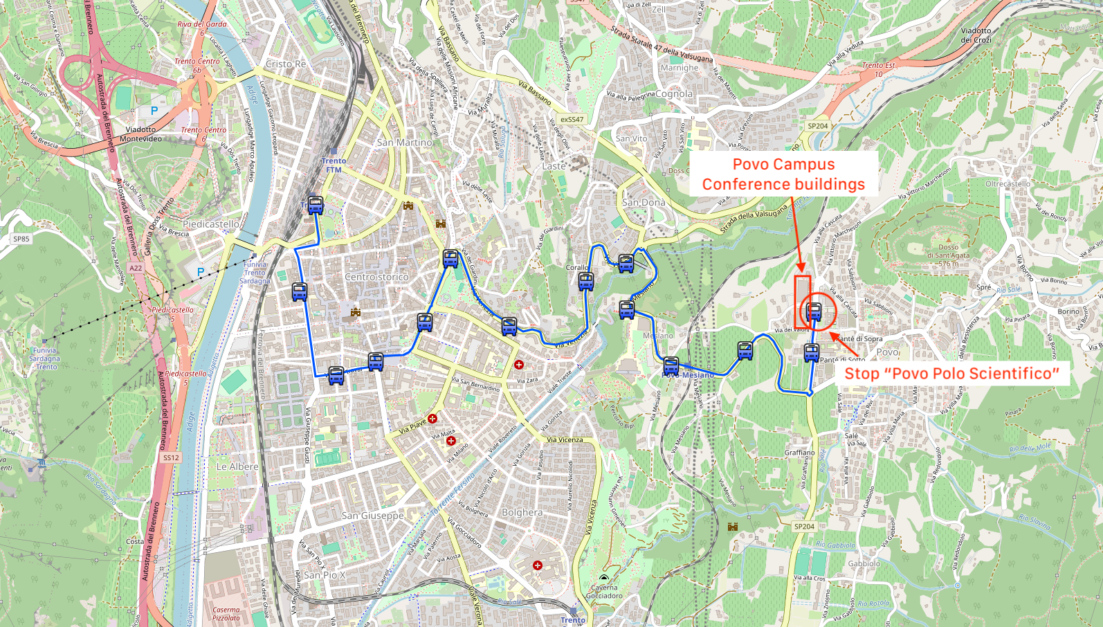 Map showing bus line 5 slash from Trento to Povo Polo Scientifico